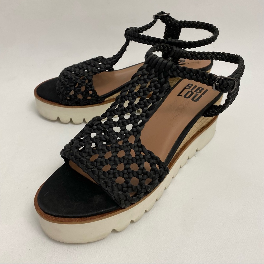 BIBI LOU Platform Sandals 7 - 7.5 / 38 Black Woven Ankle Strap Open Toe Wedge - Picture 9 of 16